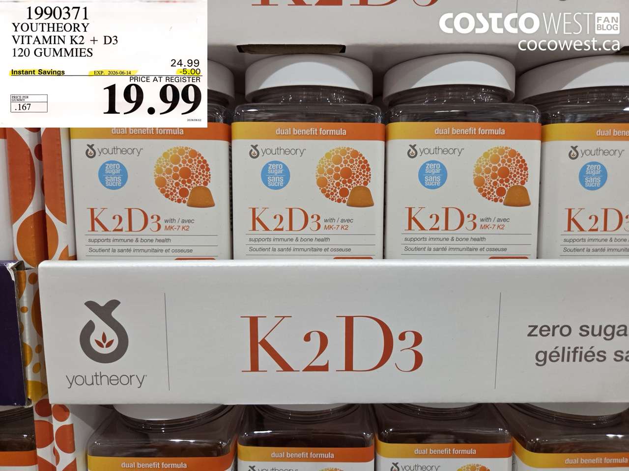 1990371 YOUTHEORY VITAMIN K2 + D3 120 GUMMIES ($5.00 INSTANT SAVINGS EXPIRES ON 2026-06-14) $19.99