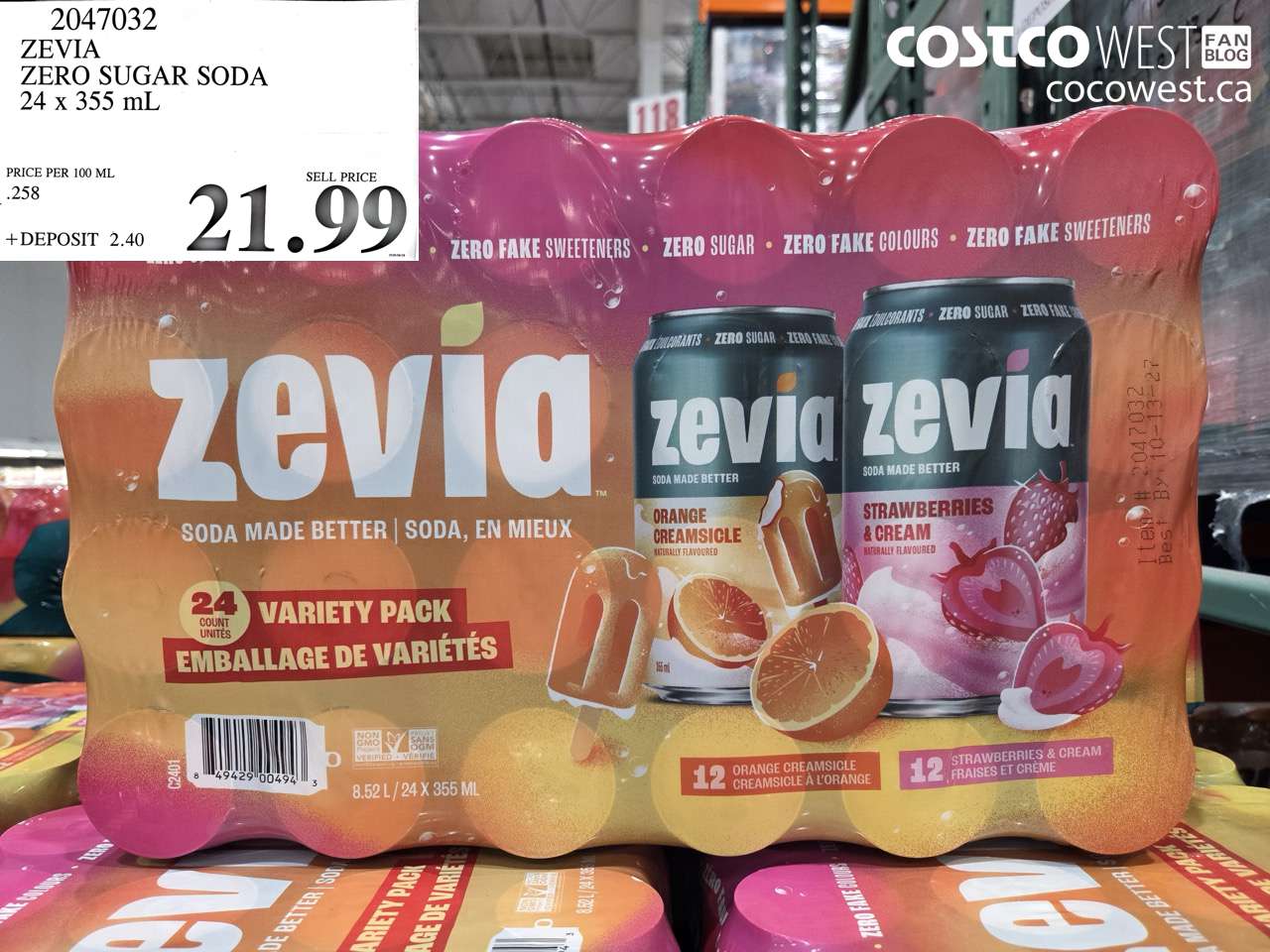 2047032 ZEVIA ZERO SUGAR SODA 24 X 355 ML $21.99