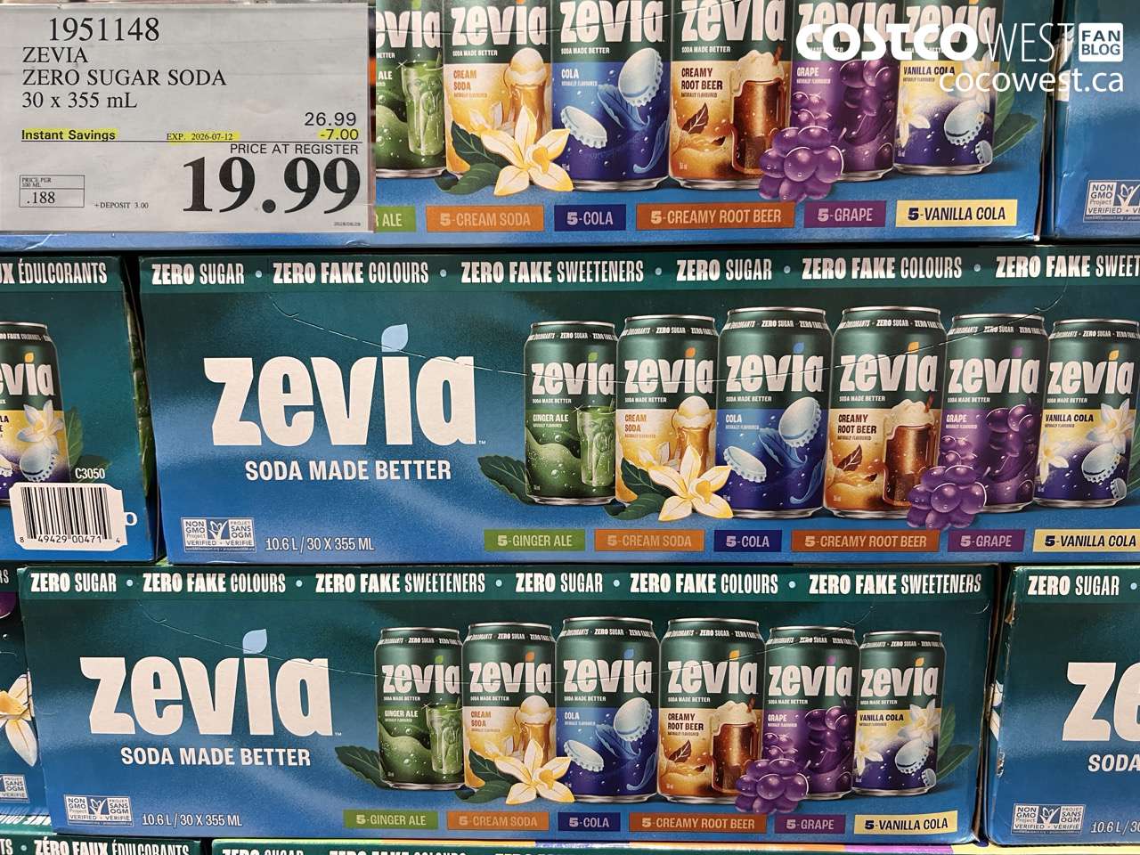 1951148 ZEVIA ZERO SUGAR SODA 30 X 355 ML ($7.00 INSTANT SAVINGS EXPIRES ON 2026-07-12) $19.99