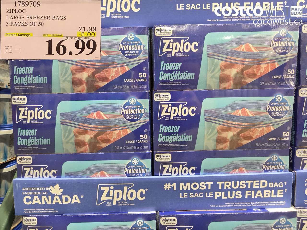 1789709 ZIPLOC LARGE FREEZER BAGS 3 PACKS OF 50 ($5.00 INSTANT SAVINGS EXPIRES ON 2026-06-07) $16.99