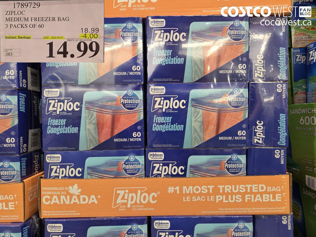 1789729 ZIPLOC MEDIUM FREEZER BAG 3 PACKS OF 60 ($4.00 INSTANT SAVINGS EXPIRES ON 2026-06-07) $14.99