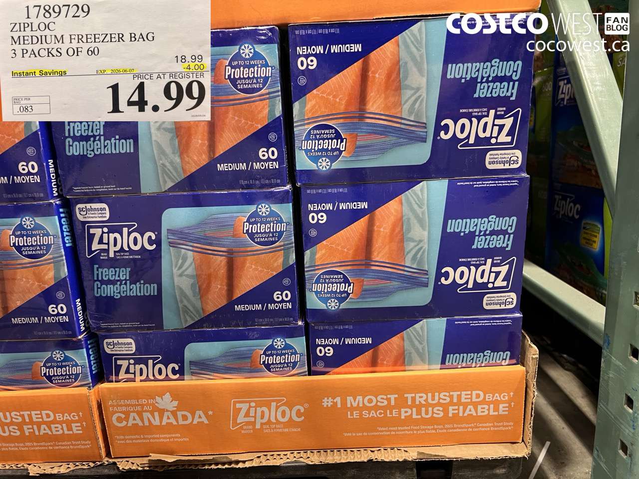 1789729 ZIPLOC MEDIUM FREEZER BAG 3 PACKS OF 60 ($4.00 INSTANT SAVINGS EXPIRES ON 2026-06-07) $14.99