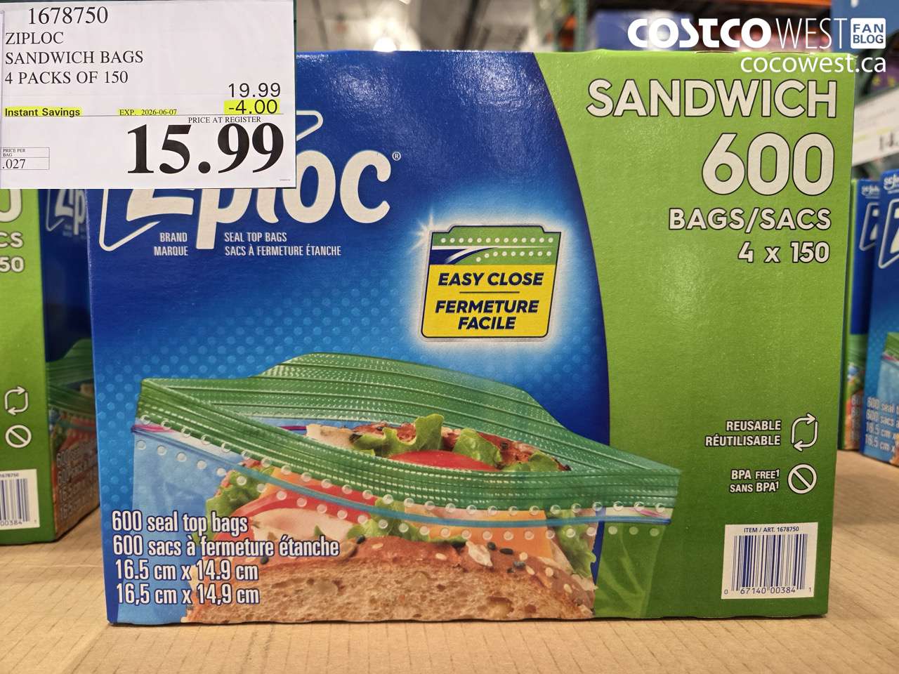 1678750 ZIPLOC SANDWICH BAGS 4 PACKS OF 150 ($4.00 INSTANT SAVINGS EXPIRES ON 2026-06-07) $15.99