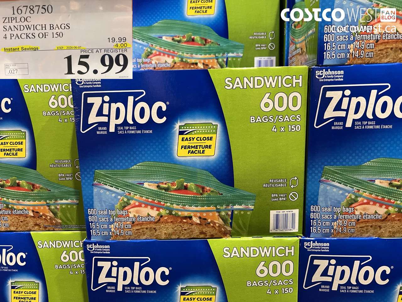 1678750 ZIPLOC SANDWICH BAGS 4 PACKS OF 150 ($4.00 INSTANT SAVINGS EXPIRES ON 2026-06-07) $15.99