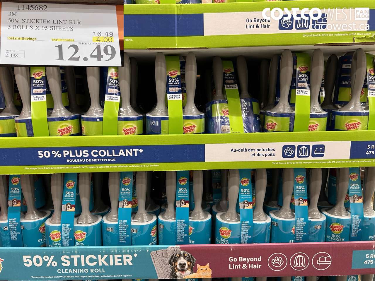 1145682 3M 50% STICKIER LINT RLR 5 ROLLS X 95 SHEETS ($4.00 INSTANT SAVINGS EXPIRES ON 2026-07-05) $12.49