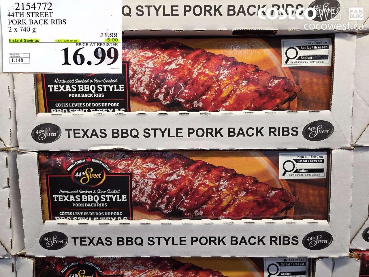 2154772 44TH STREET PORK BACK RIBS 2 X 740 G ($5.00 INSTANT SAVINGS EXPIRES ON 2026-08-02) $16.99