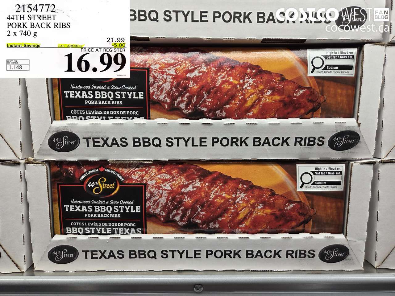 2154772 44TH STREET PORK BACK RIBS 2 X 740 G ($5.00 INSTANT SAVINGS EXPIRES ON 2026-08-03) $16.99