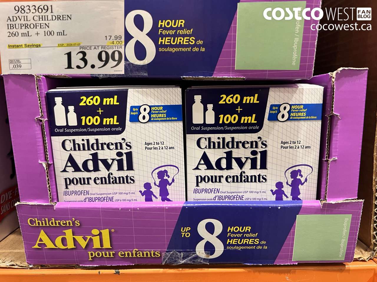 9833691 ADVIL CHILDREN IBUPROFEN 260 ML + 100 ML ($4.00 INSTANT SAVINGS EXPIRES ON 2026-07-05) $13.99
