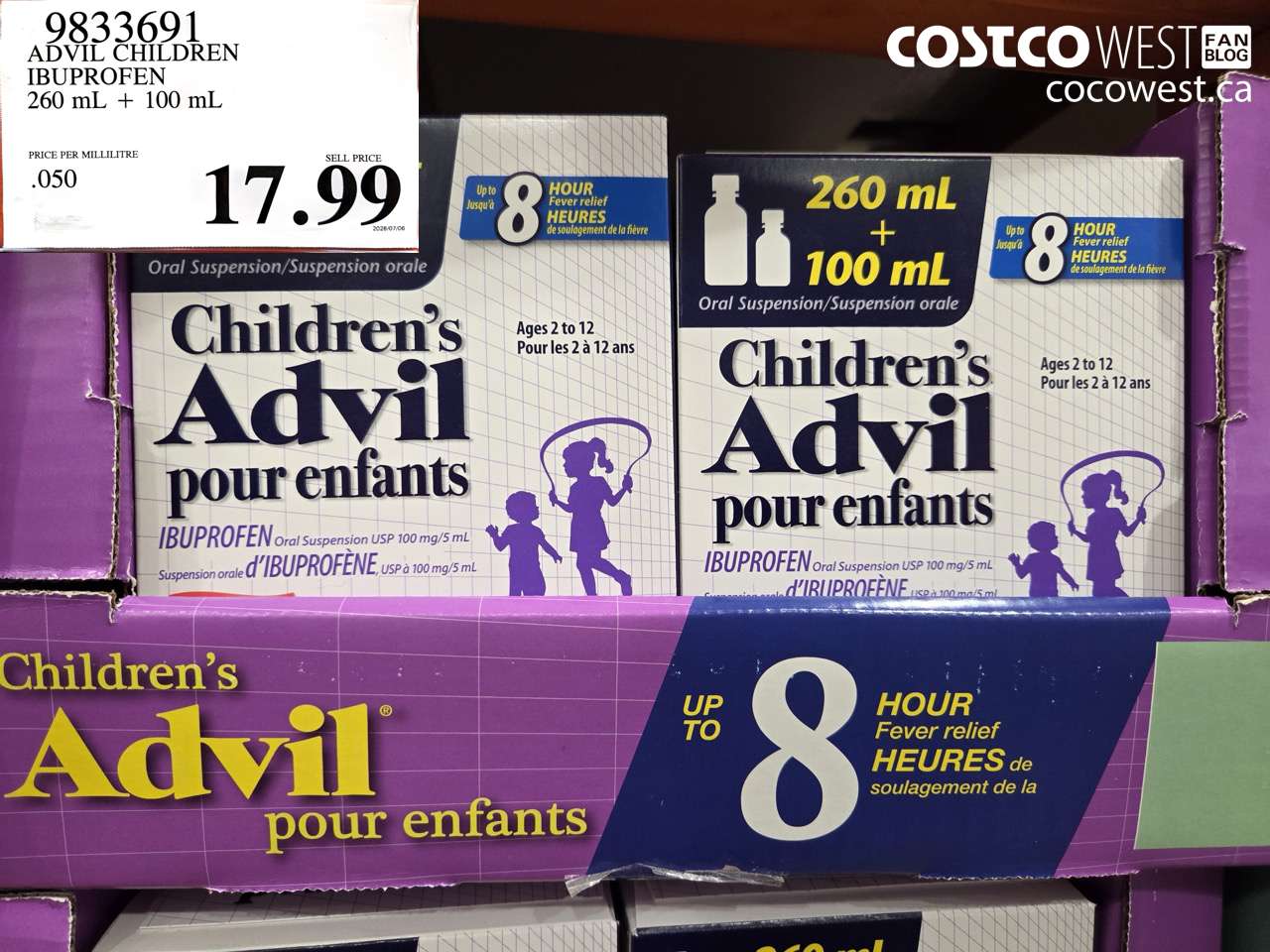 9833691 ADVIL CHILDREN IBUPROFEN 260 ML + 100 ML $17.99