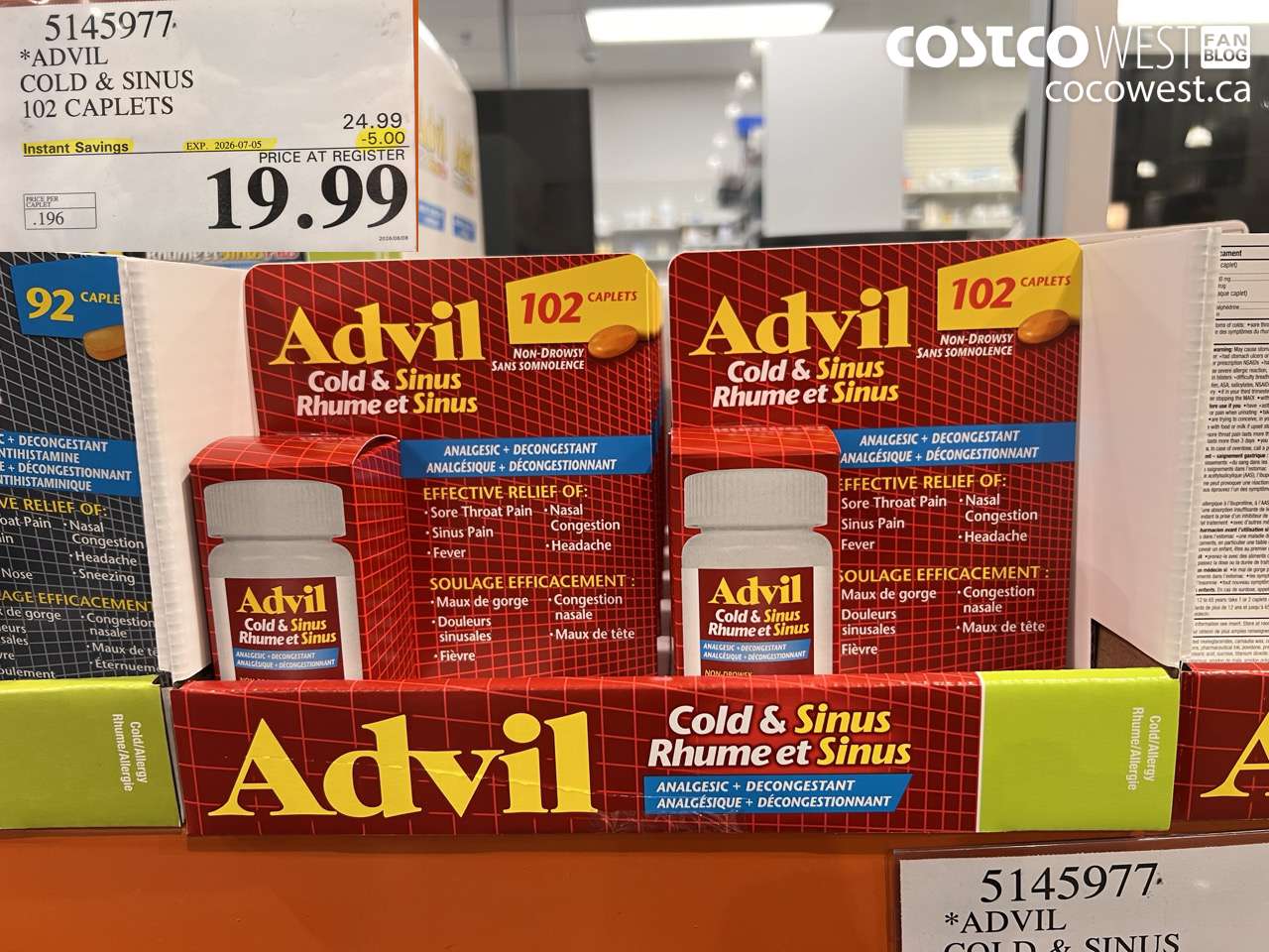 5145977 ADVIL COLD & SINUS 102 CAPLETS ($5.00 INSTANT SAVINGS EXPIRES ON 2026-07-05) $19.99