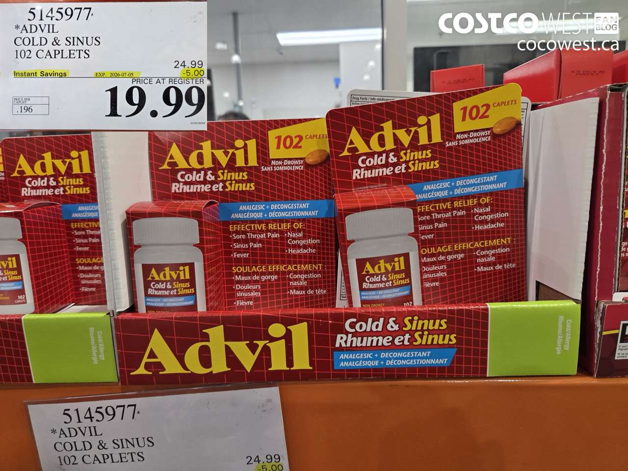 5145977 ADVIL COLD & SINUS 102 CAPLETS ($5.00 INSTANT SAVINGS EXPIRES ON 2026-07-05) $19.99