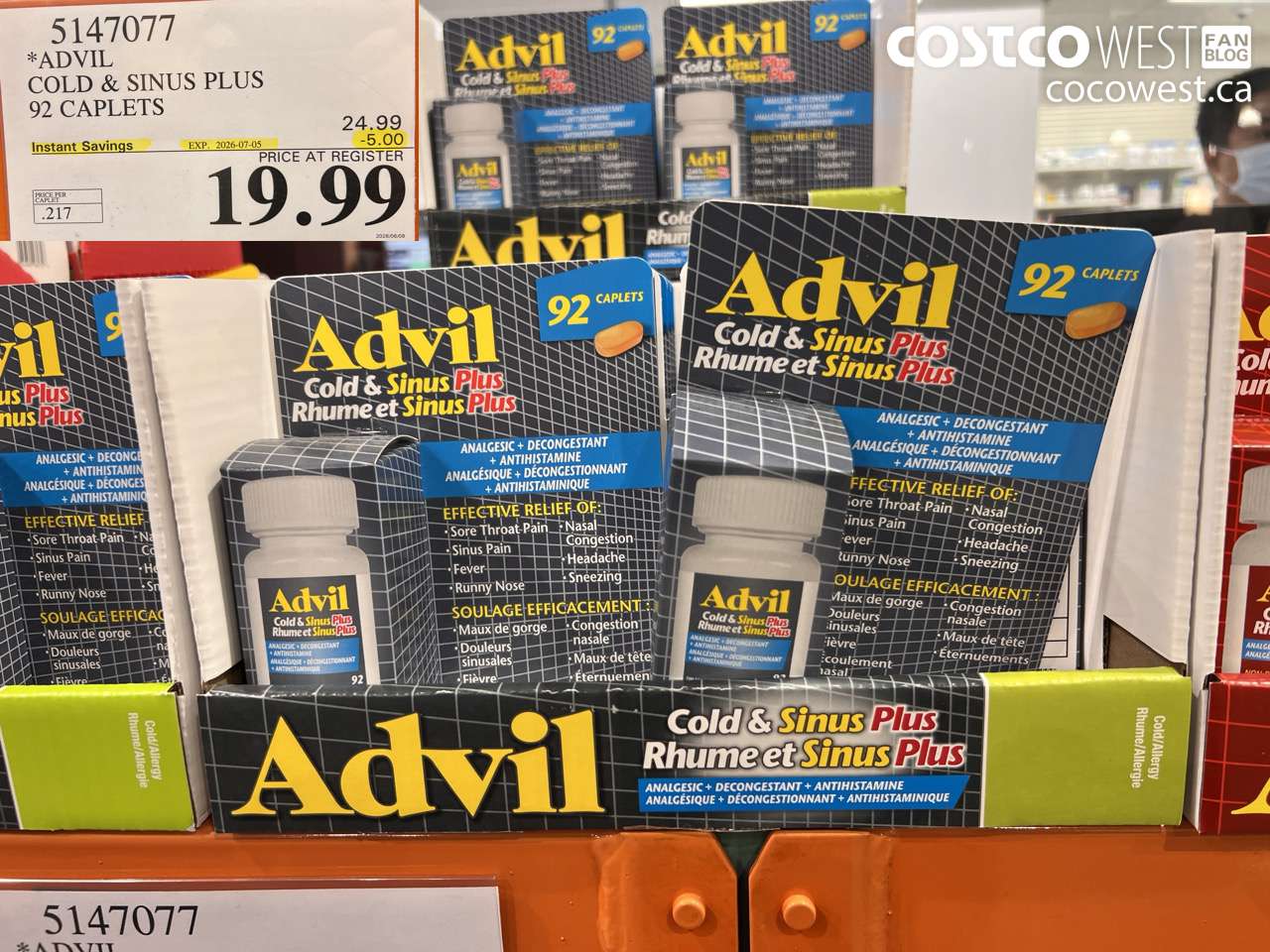 5147077 ADVIL COLD & SINUS PLUS 92 CAPLETS ($5.00 INSTANT SAVINGS EXPIRES ON 2026-07-05) $19.99