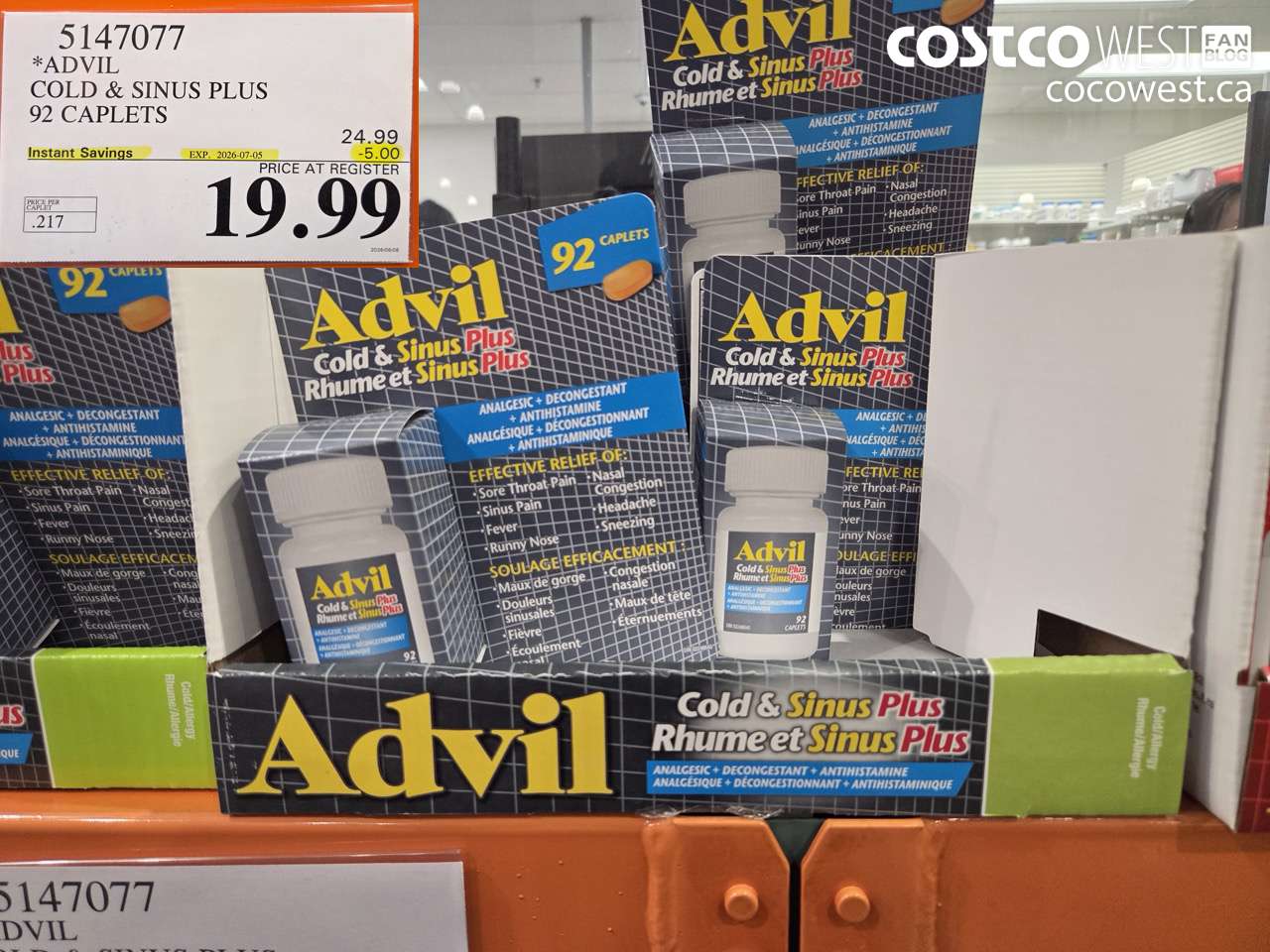 5147077 ADVIL COLD & SINUS PLUS 92 CAPLETS ($5.00 INSTANT SAVINGS EXPIRES ON 2026-07-05) $19.99