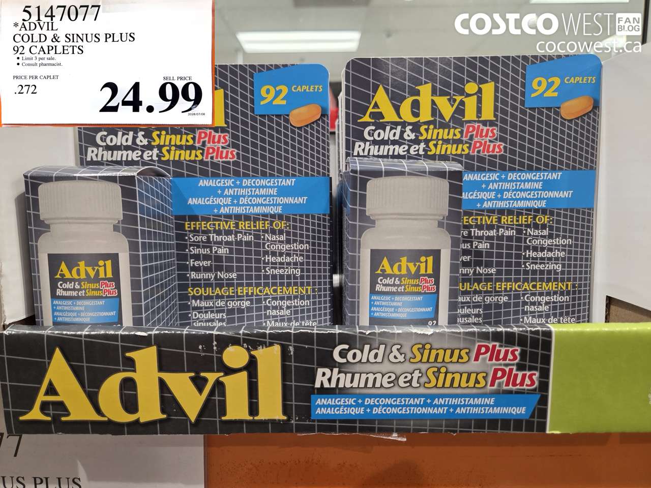 5147077 ADVIL COLD & SINUS PLUS 92 CAPLETS $24.99