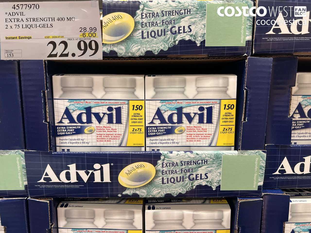 4577970 ADVIL EXTRA STRENGTH 400 MG 2 X 75 LIQUI-GELS ($6.00 INSTANT SAVINGS EXPIRES ON 2026-07-05) $22.99