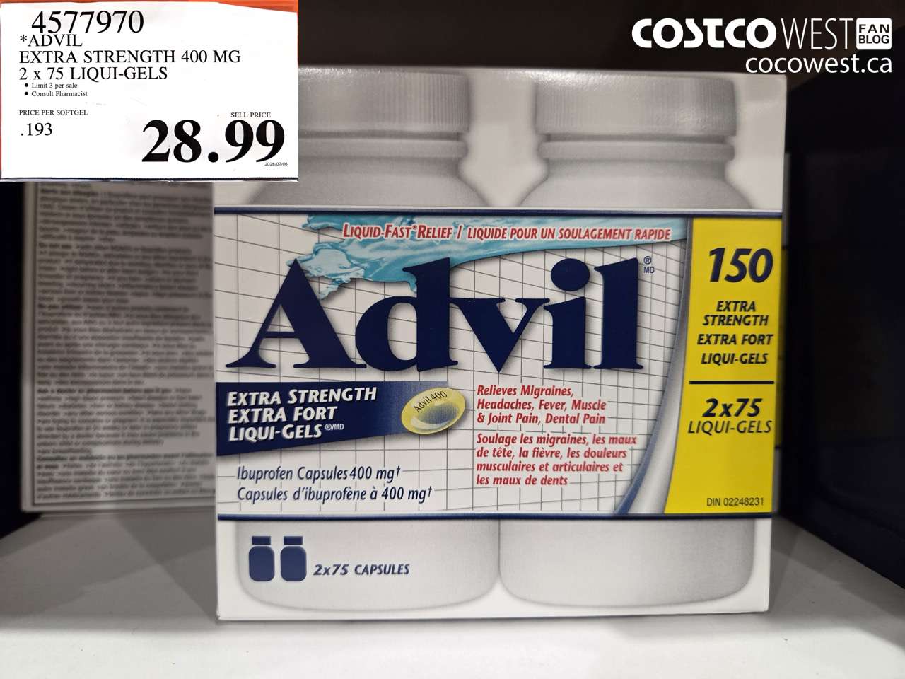 4577970 ADVIL EXTRA STRENGTH 400 MG 2 X 75 LIQUI-GELS $28.99