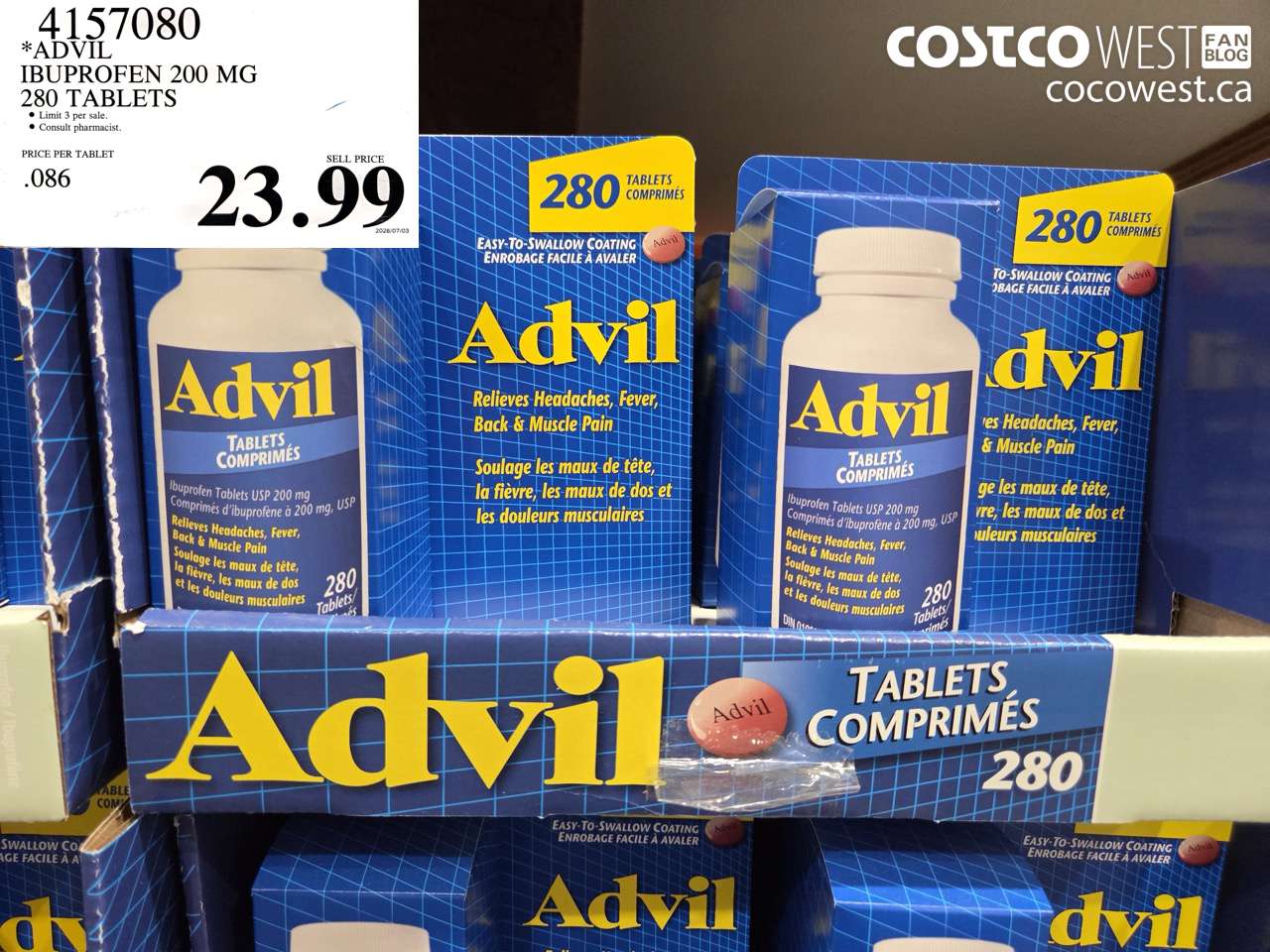 4157080 ADVIL IBUPROFEN 200 MG 280 TABLETS $23.99