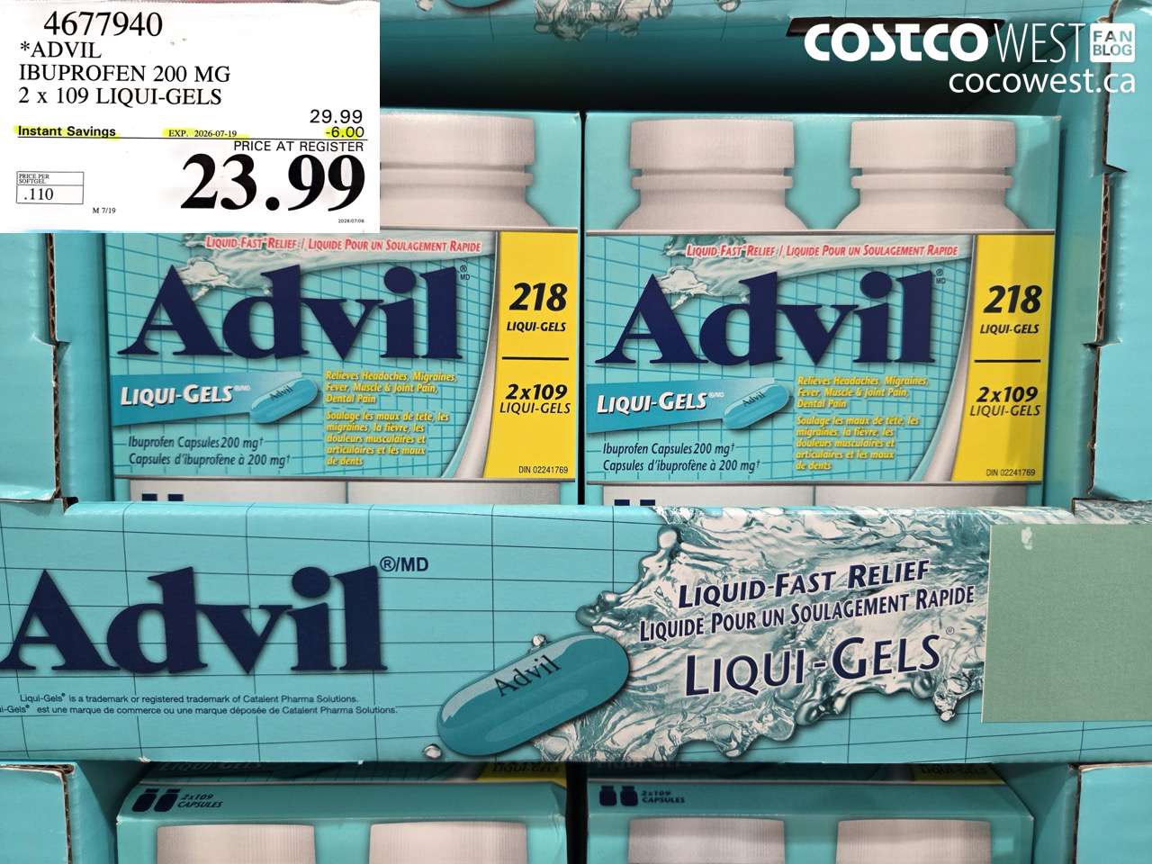 4677940 ADVIL IBUPROFEN 200 MG 2 X 109 LIQUI-GELS ($6.00 INSTANT SAVINGS EXPIRES ON 2026-07-19) $23.99