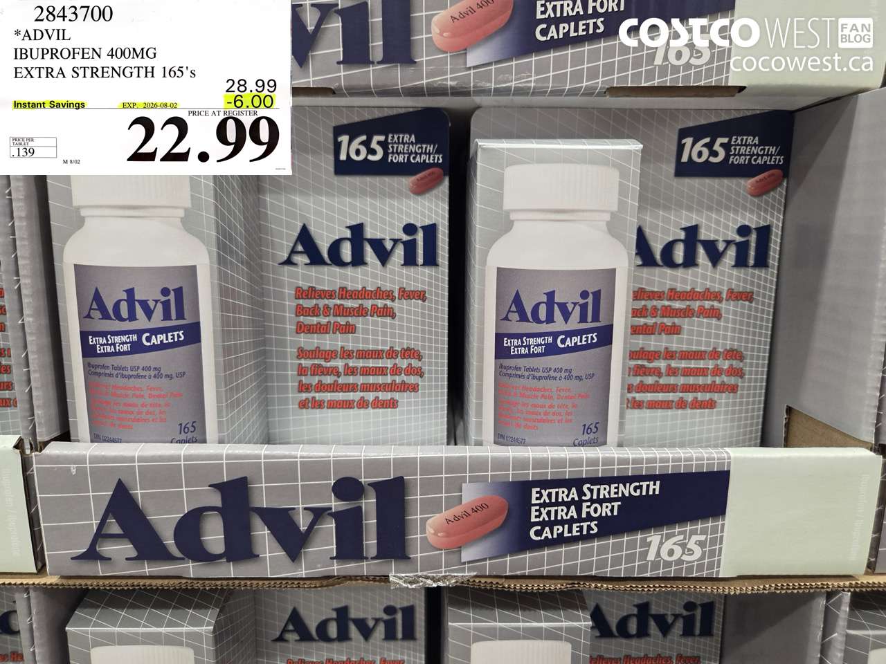 2843700 ADVIL IBUPROFEN 400MG EXTRA STRENGTH 165'S ($6.00 INSTANT SAVINGS EXPIRES ON 2026-08-02) $22.99