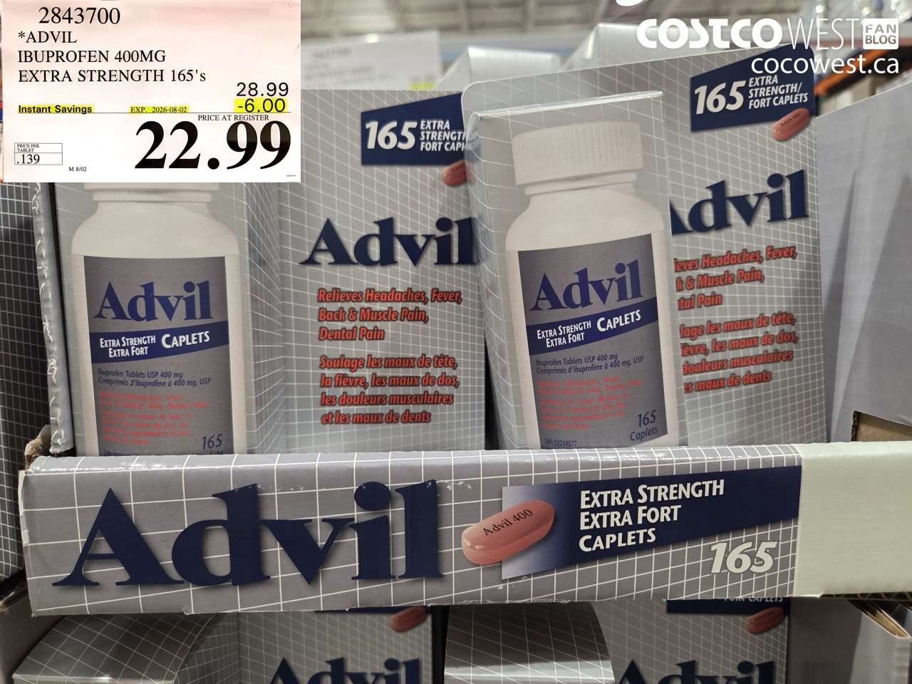 2843700 ADVIL IBUPROFEN 400MG EXTRA STRENGTH 165'S ($6.00 INSTANT SAVINGS EXPIRES ON 2026-08-02) $22.99