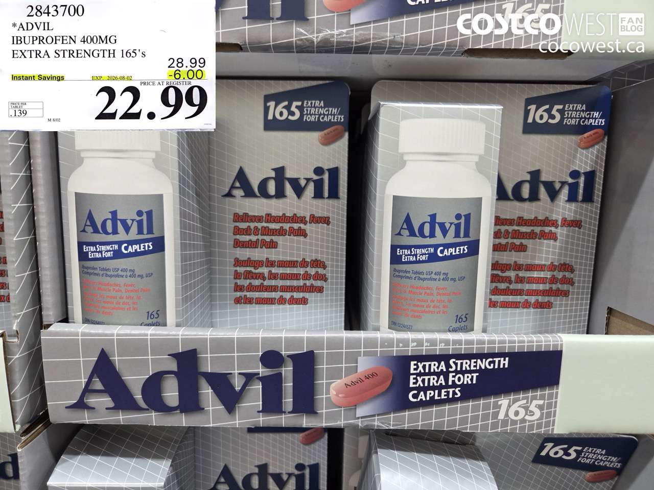 2843700 ADVIL IBUPROFEN 400MG EXTRA STRENGTH 165'S ($6.00 INSTANT SAVINGS EXPIRES ON 2026-08-02) $22.99