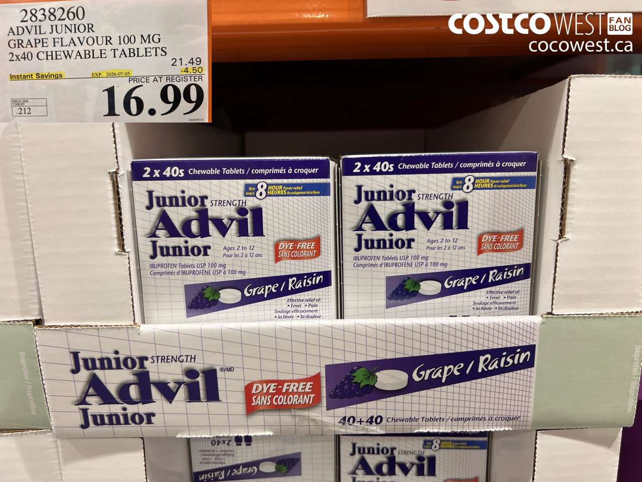 2838260 ADVIL JUNIOR GRAPE FLAVOUR 100 MG 2X40 CHEWABLE TABLETS ($4.50 INSTANT SAVINGS EXPIRES ON 2026-07-05) $16.99