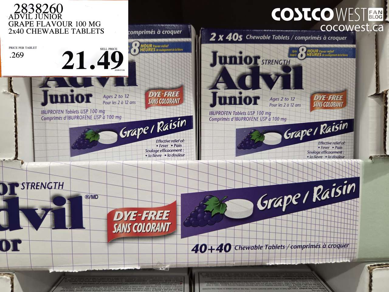 2838260 ADVIL JUNIOR GRAPE FLAVOUR 100 MG 2X40 CHEWABLE TABLETS $21.49