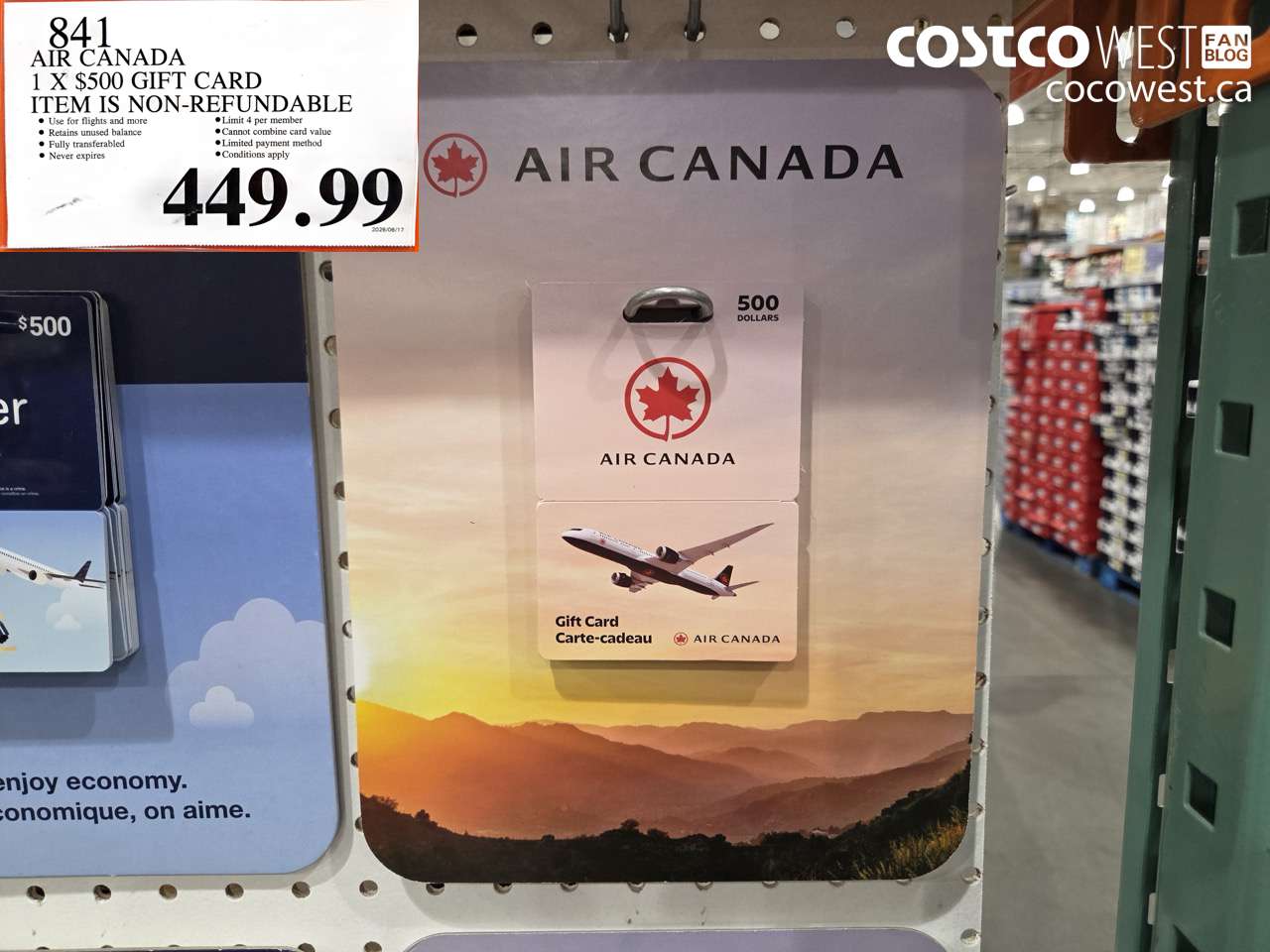 841 AIR CANADA 1 X $500 GIFT CARD ITEM IS NON-REFUNDABLE $449.99