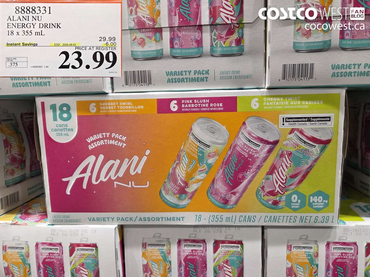 8888331 ALANI NU ENERGY DRINK 18 X 355 ML ($6.00 INSTANT SAVINGS EXPIRES ON 2026-08-02) $23.99