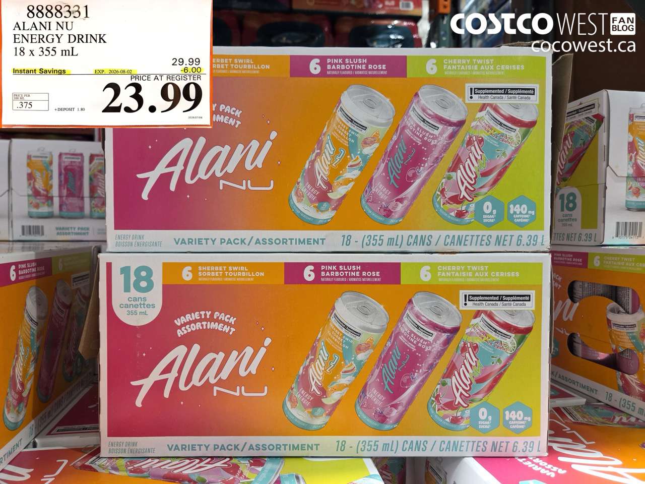 8888331 ALANI NU ENERGY DRINK 18 X 355 ML ($6.00 INSTANT SAVINGS EXPIRES ON 2026-08-02) $23.99
