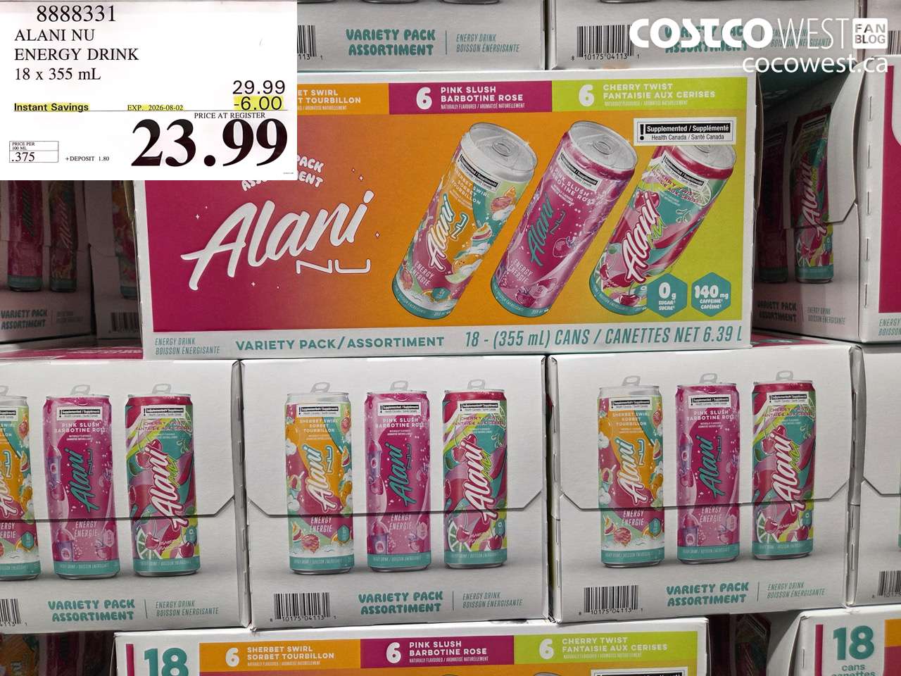 8888331 ALANI NU ENERGY DRINK 18 X 355 ML ($6.00 INSTANT SAVINGS EXPIRES ON 2026-08-02) $23.99
