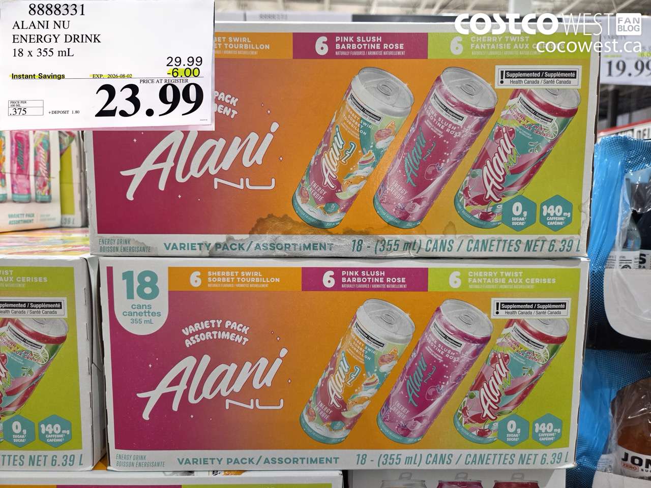 8888331 ALANI NU ENERGY DRINK 18 X 355 ML ($6.00 INSTANT SAVINGS EXPIRES ON 2026-08-02) $23.99
