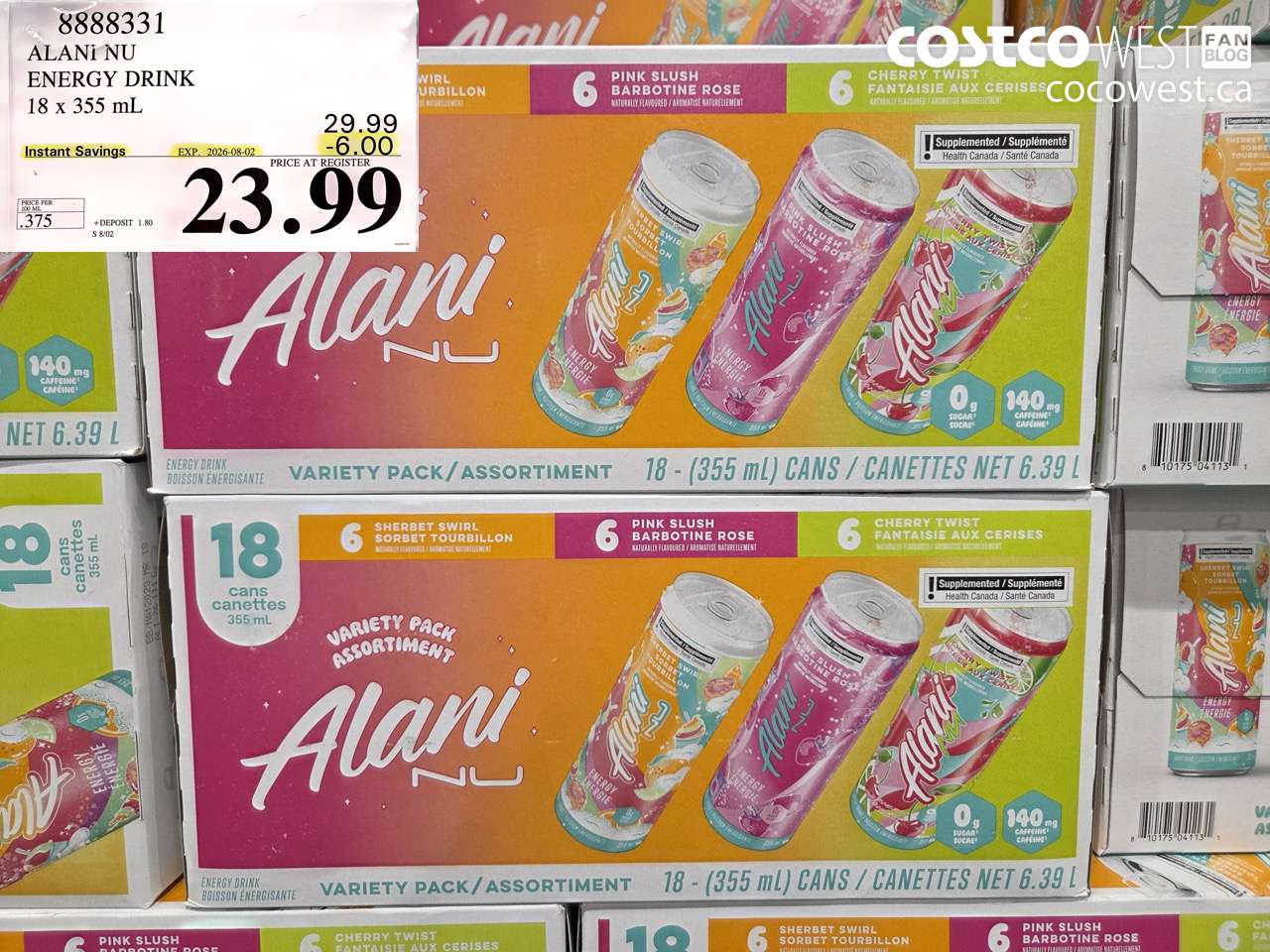 8888331 ALANI NU ENERGY DRINK 18 X 355 ML ($6.00 INSTANT SAVINGS EXPIRES ON 2026-08-02) $23.99