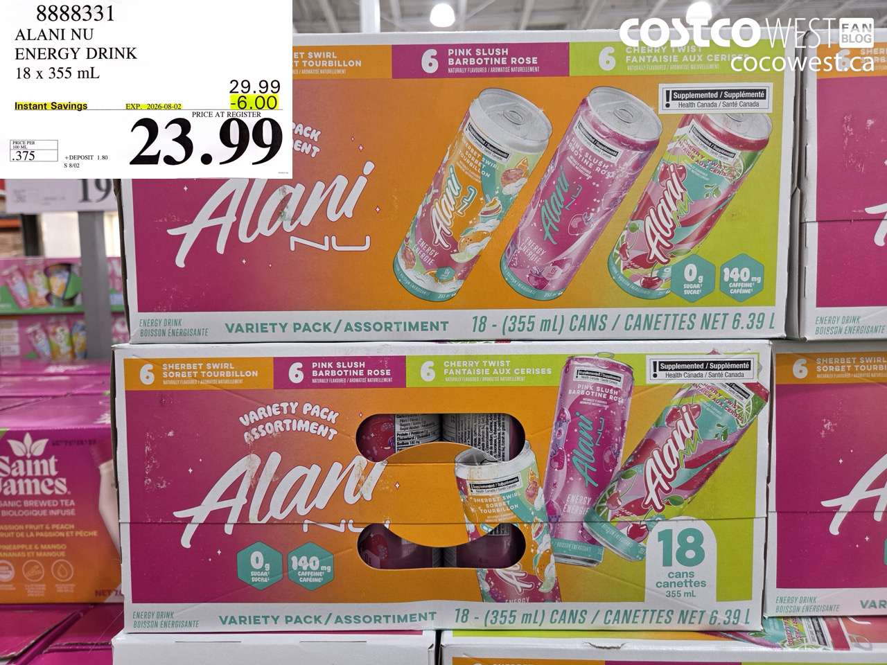 8888331 ALANI NU ENERGY DRINK 18 X 355 ML ($6.00 INSTANT SAVINGS EXPIRES ON 2026-08-02) $23.99