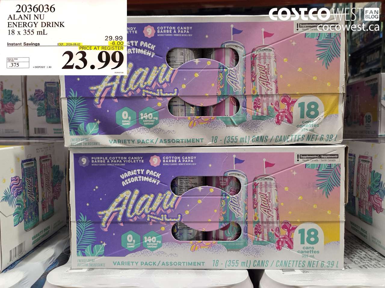 2036036 ALANI NU ENERGY DRINK 18 X 355 ML ($6.00 INSTANT SAVINGS EXPIRES ON 2026-08-02) $23.99