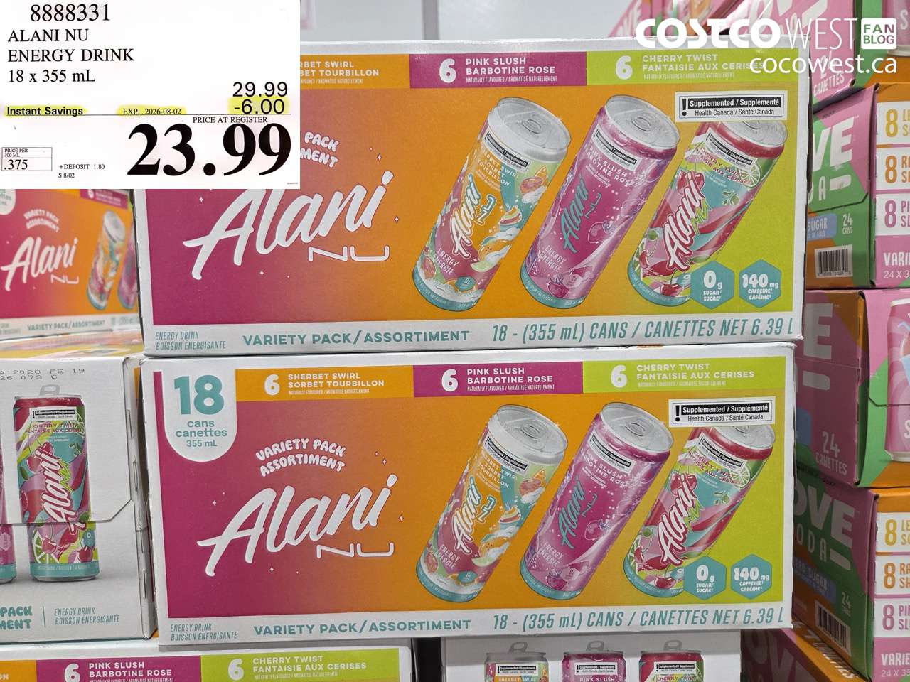 8888331 ALANI NU ENERGY DRINK 18 X 355 ML ($6.00 INSTANT SAVINGS EXPIRES ON 2026-08-02) $23.99