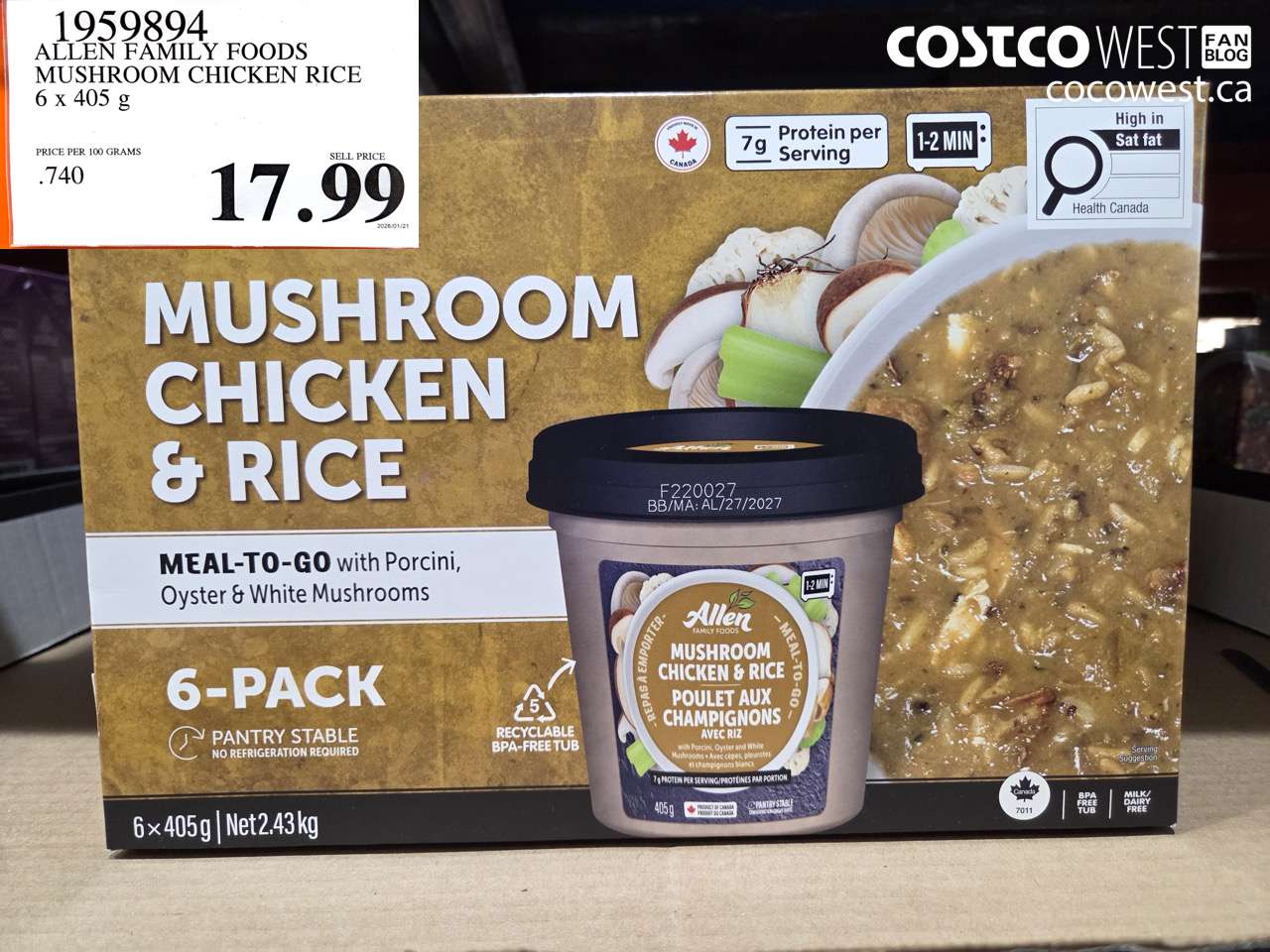 1959894 ALLEN FAMILY FOODS MUSHROOM CHICKEN RICE 6 X 405 G $17.99