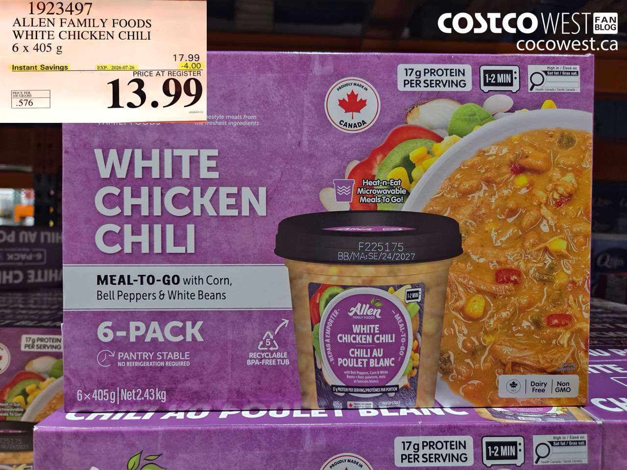 1923497 ALLEN FAMILY FOODS WHITE CHICKEN CHILI 6 X 405 G ($4.00 INSTANT SAVINGS EXPIRES ON 2026-07-26) $13.99