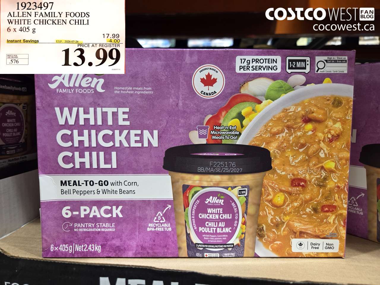 1923497 ALLEN FAMILY FOODS WHITE CHICKEN CHILI 6 X 405 G ($4.00 INSTANT SAVINGS EXPIRES ON 2026-07-26) $13.99