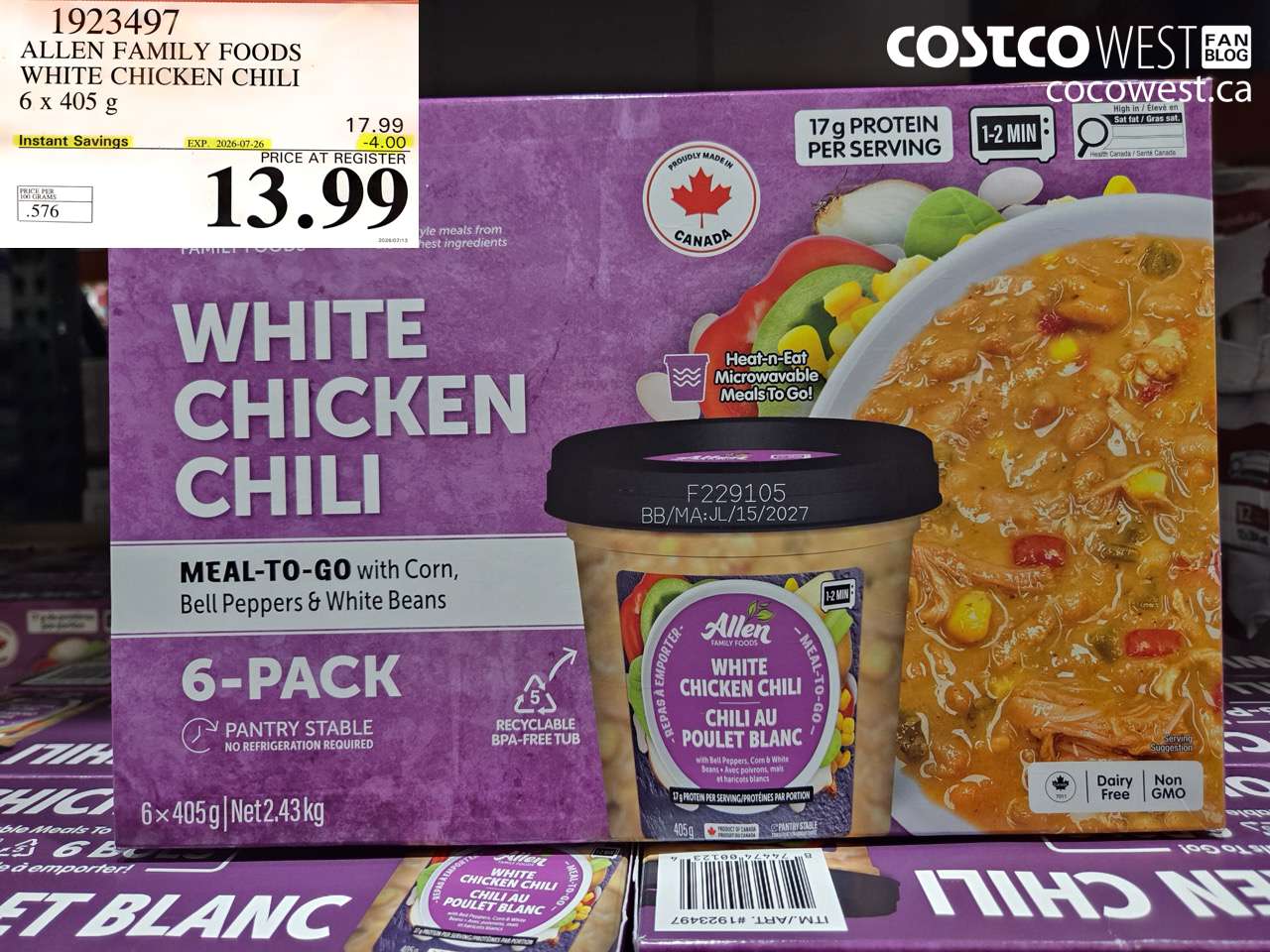 1923497 ALLEN FAMILY FOODS WHITE CHICKEN CHILI 6 X 405 G ($4.00 INSTANT SAVINGS EXPIRES ON 2026-07-26) $13.99