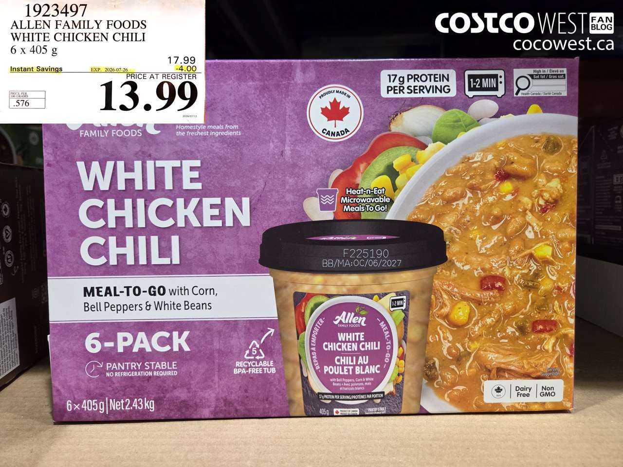 1923497 ALLEN FAMILY FOODS WHITE CHICKEN CHILI 6 X 405 G ($4.00 INSTANT SAVINGS EXPIRES ON 2026-07-26) $13.99