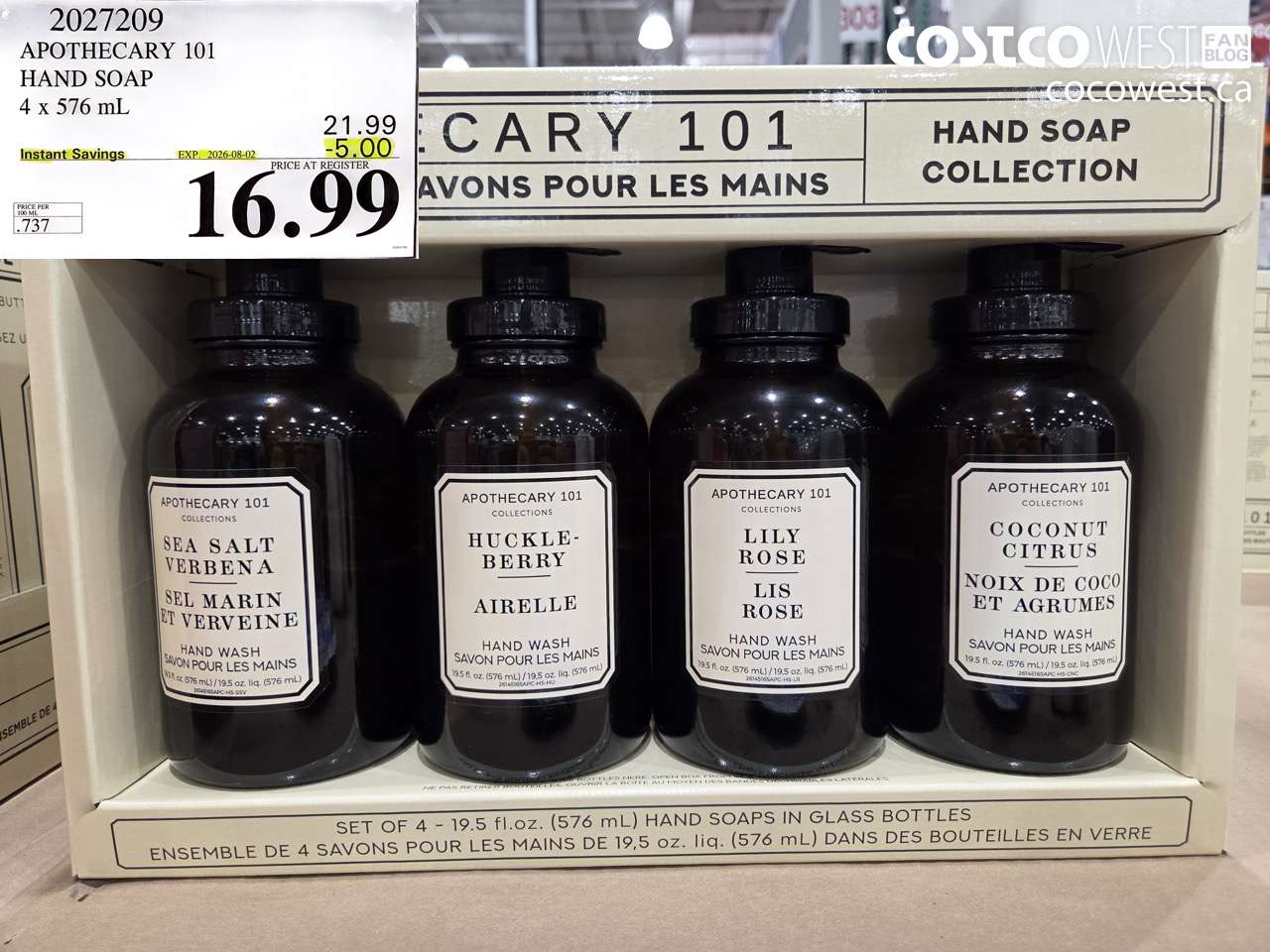 2027209 APOTHECARY 101 HAND SOAP 4 X 576 ML ($5.00 INSTANT SAVINGS EXPIRES ON 2026-08-02) $16.99