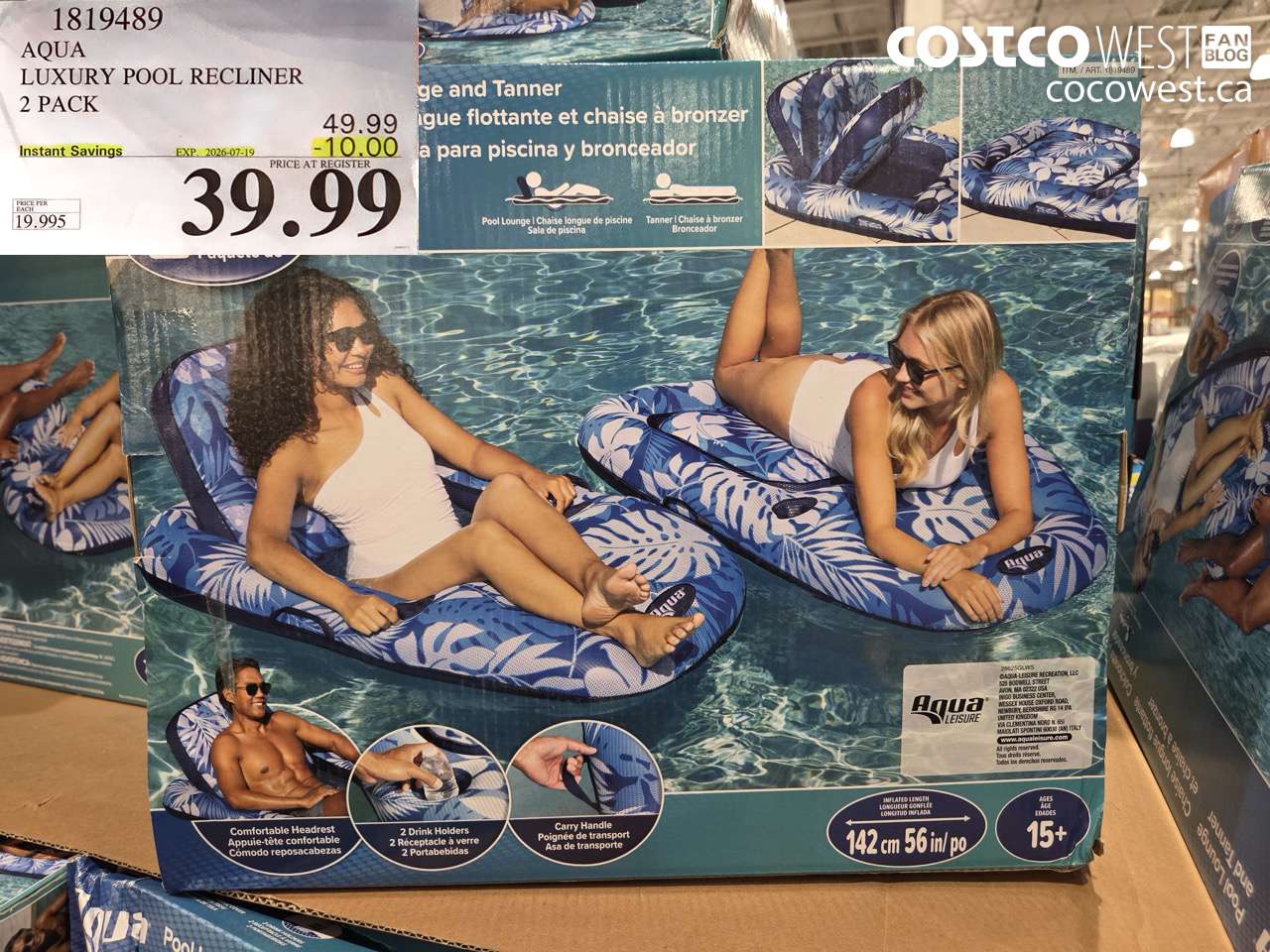 1819489 AQUA LUXURY POOL RECLINER 2 PACK ($10.00 INSTANT SAVINGS EXPIRES ON 2026-07-19) $39.99