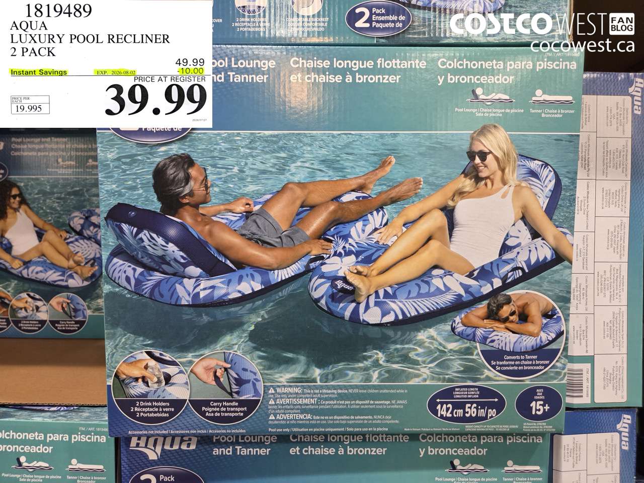 1819489 AQUA LUXURY POOL RECLINER 2 PACK ($10.00 INSTANT SAVINGS EXPIRES ON 2026-08-02) $39.99