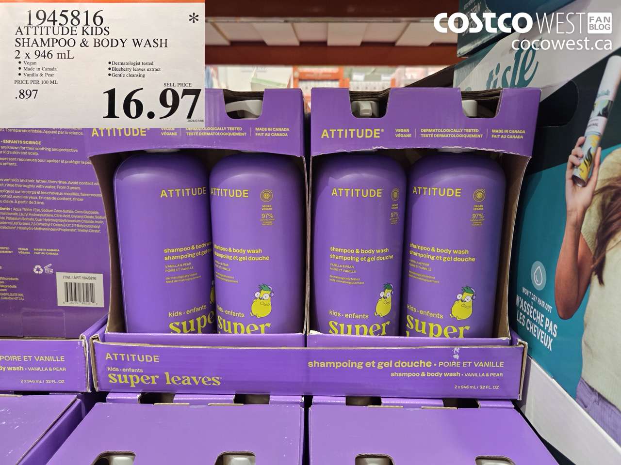 1945816 ATTITUDE KIDS SHAMPOO & BODY WASH 2 X 946 ML $16.97