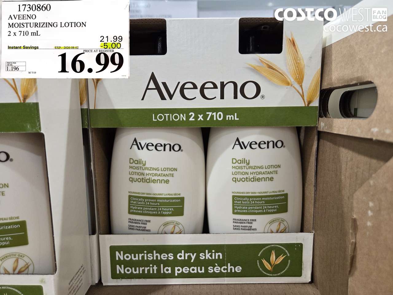 1730860 AVEENO MOISTURIZING LOTION 2 X 710 ML ($5.00 INSTANT SAVINGS EXPIRES ON 2026-08-02) $16.99