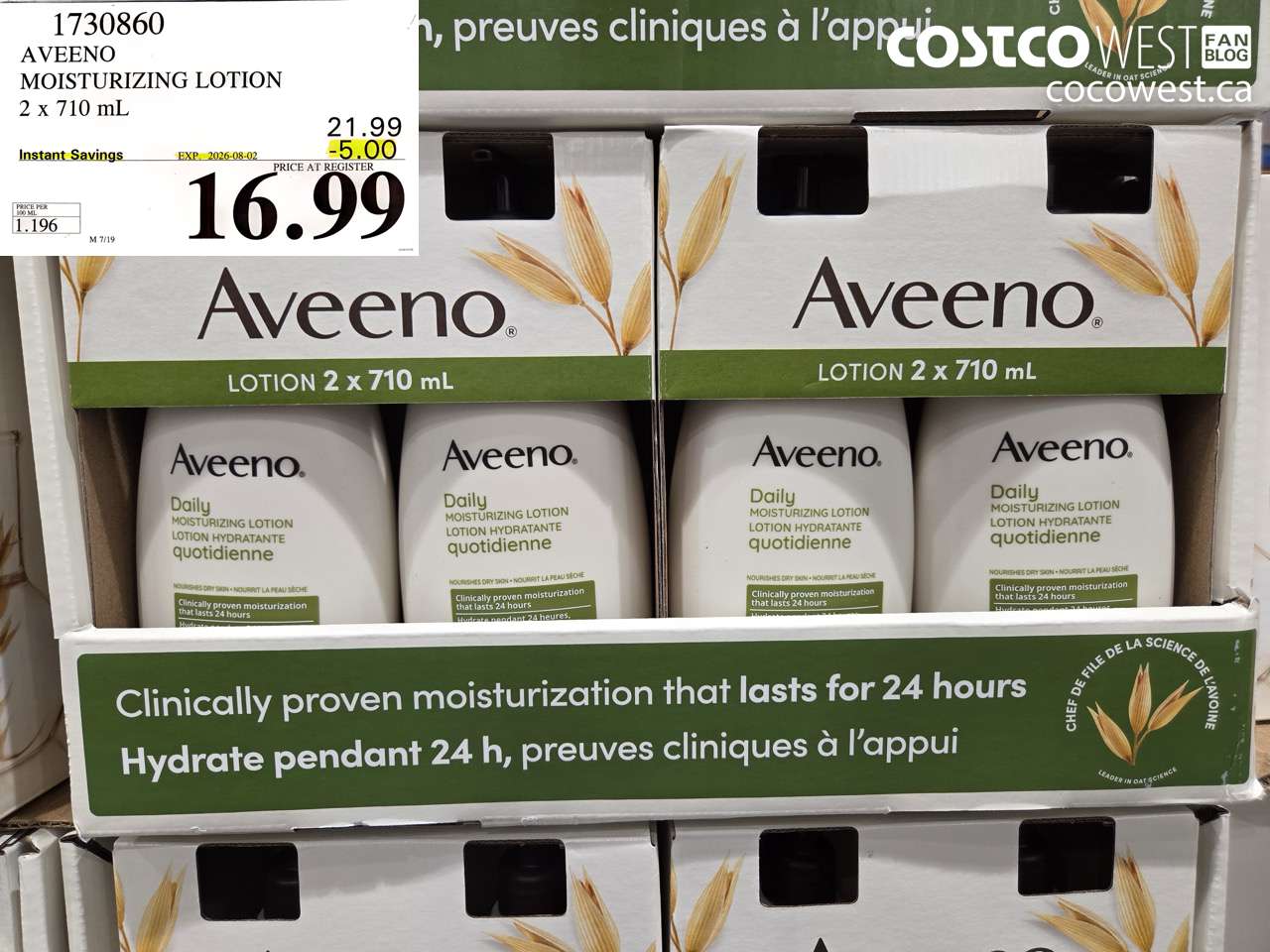 1730860 AVEENO MOISTURIZING LOTION 2 X 710 ML ($5.00 INSTANT SAVINGS EXPIRES ON 2026-08-02) $16.99
