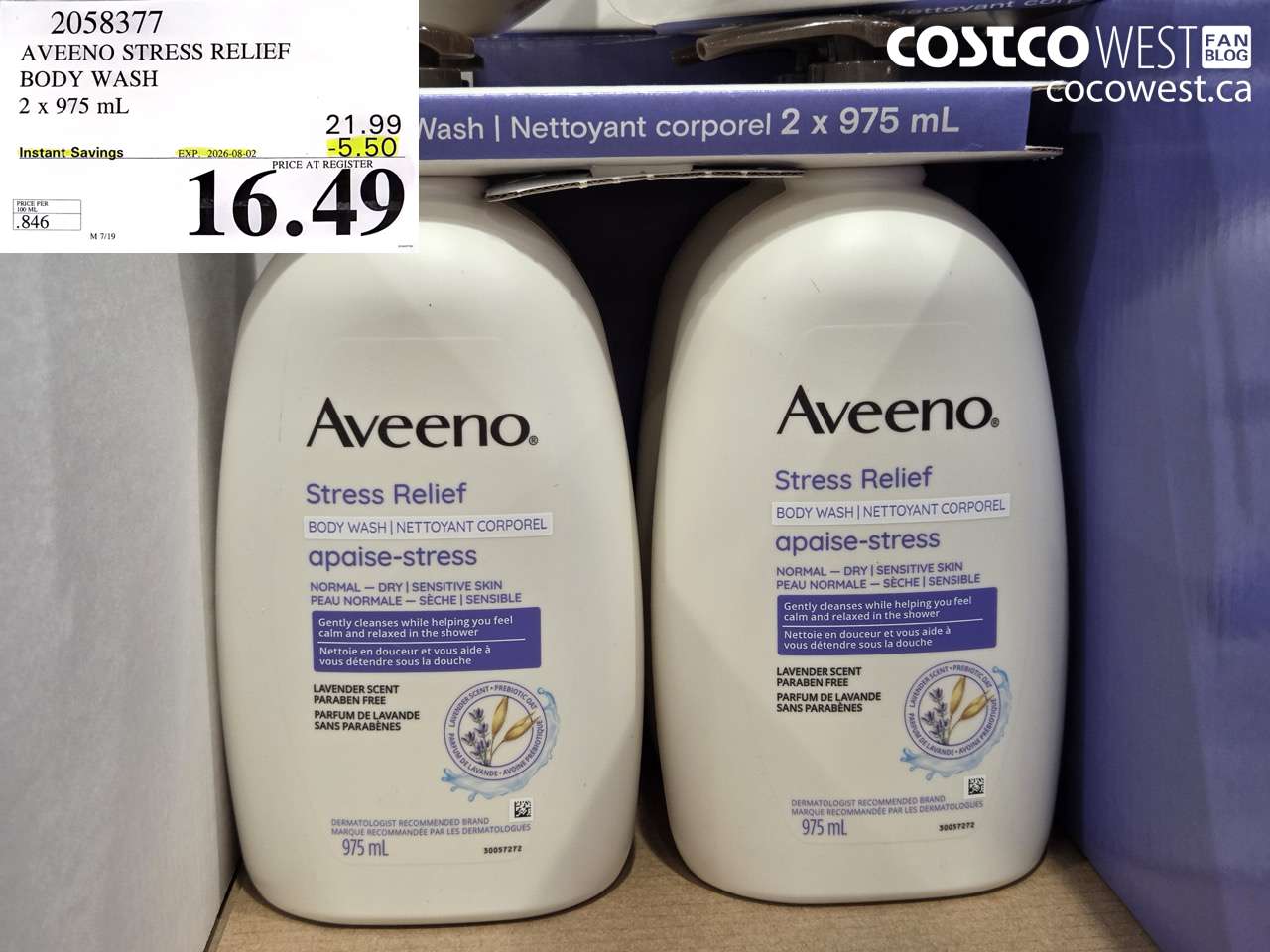 2058377 AVEENO STRESS RELIEF BODY WASH 2 X 975 ML ($5.50 INSTANT SAVINGS EXPIRES ON 2026-08-02) $16.49