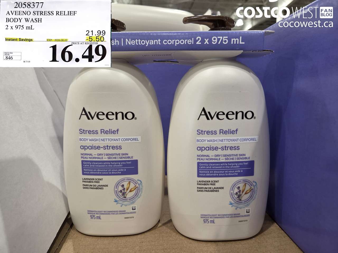 2058377 AVEENO STRESS RELIEF BODY WASH 2 X 975 ML ($5.50 INSTANT SAVINGS EXPIRES ON 2026-08-02) $16.49