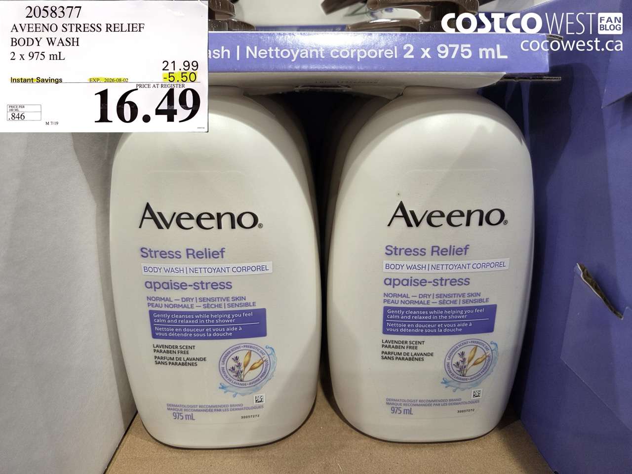 2058377 AVEENO STRESS RELIEF BODY WASH 2 X 975 ML ($5.50 INSTANT SAVINGS EXPIRES ON 2026-08-02) $16.49